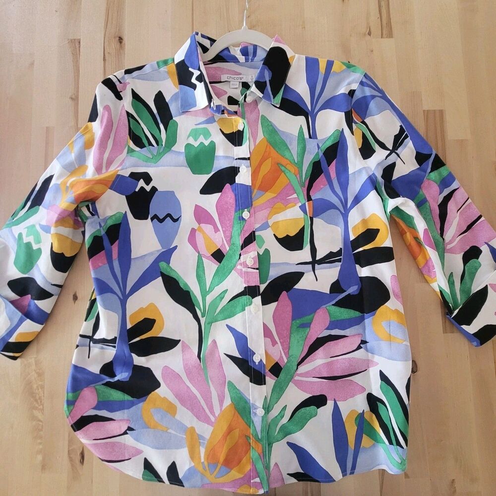 Chico's Floral Button Down Shirt 3/4 Sleeve Size 2/12 Colorful Blouse Collar - Picture 2 of 8